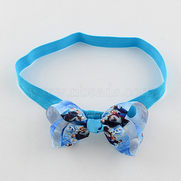 Girls' Kawaii Hair Accessories Bowknot Elastic Headbands, with Printed Grosgrain Ribbon, Dodger Blue, 110mm(OHAR-R221-01)