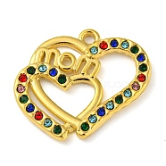 Ion Plating(IP) Real 18K Gold Plated 304 Stainless Steel Rhinestone Pendants, Heart with Word Mom Charms, for Mother's Day, Colorful, 19x22x2mm, Hole: 1.6mm(STAS-P341-12G-02)