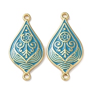 Rack Plating Brass Connector Charms, with Enamel, Long-Lasting Plated, Lead Free & Cadmium Free, Real 18K Gold Plated, Teardrop Links, Dark Turquoise, 33x16x3mm, Hole: 1.8mm(KK-K346-25G-02)