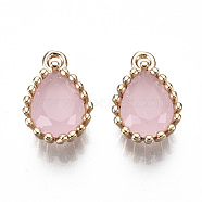 Glass Charms, with Brass Findings, Light Gold, Long-Lasting Plated, Cadmium Free & Lead Free, Teardrop, Pink, 12x7.5x4~5mm, Hole: 1.2mm(KK-S359-129-A01-RS)