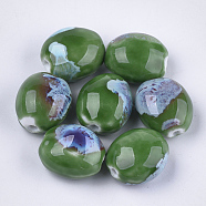 Handmade Porcelain Beads, Fancy Antique Glazed Porcelain, Oval, Green, 20~21x17.5~18x12~13mm, Hole: 2.5~3mm(PORC-S498-26B)