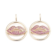 Brass Micro Pave Cubic Zirconia Pendants, Makeup Pendants, Long-Lasting Plated, Ring with Lip, Fuchsia, Real 18K Gold Plated, 22.5x16x4.5mm, Hole: 4x2.8mm(ZIRC-I042-06G)