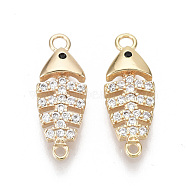 Brass Micro Pave Cubic Zirconia Links Connectors, Fish Bone, Nickel Free, Clear, Real 18K Gold Plated, 15x5.5x2mm, Hole: 0.9~1.2mm(KK-S356-104-NF)