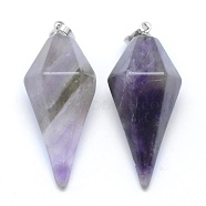 Natural Amethyst Pointed Pendants, with Brass Findings, Bullet, Platinum, 38.5x16x14.5mm, Hole: 5x8mm(KK-E757-F-12P)