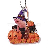 Opaque One-sided Printed Acrylic Big Pendants, with Iron, for Halloween, Pig with Pumpkin, Coral, 290x2mm, Hole: 3.5mm(MACR-D062-03B)