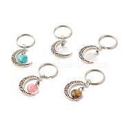 Gemstone Keychains, with Tibetan Style Alloy Hollow Moon and Heart Gemstone, Brass Jump Rings, Mixed Color, 7.35cm(KEYC-JKC00295)