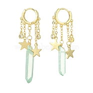 Dyed Natural Quartz Crystal Bullet Dangle Hoop Earrings, Golden Brass Star Tassel Earrings, Pale Green, 55~63x17mm(EJEW-TA00292-02)