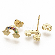 Brass Micro Pave Colorful Cubic Zirconia Stud Earrings, with Earring Backs, Rainbow, Real 16K Gold Plated, 6.5x11mm, Pin: 0.7mm(EJEW-S208-016)