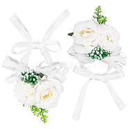 2PCS Silk Wrist Corsage, with Plastic Imitation Flower, for Wedding, Party Decorations, Beige, 350mm(AJEW-CP0001-51B)