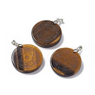 Natural Tiger Eye Pendants, Flat Round Charms with Chakra Theme Pattern, with Rack Plating Platinum Tone Brass Findings, Cadmium Free & Lead Free, 30x4~8mm, Hole: 4x4mm(G-P491-04P-01)