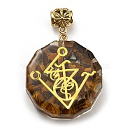 Natural Tiger Eye European Dangle Polygon Charms, Large Hole Pendant with Golden Plated Alloy Chakra Slice, 53mm, Hole: 5mm, Pendant: 39x35x11mm(PALLOY-K012-01F-03)