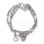 Cube Electroplated Synthetic Non-magnetic Hematite & Natural Pearl Multi-strand Beaded Bracelets, 304 Stainless Steel Heart Charm Bracelets for Women, 7-3/4 inch(19.8cm)(BJEW-JB10571)