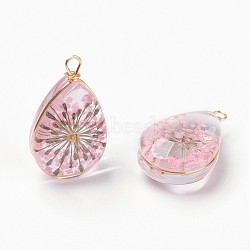 Inner Flower Glass Pendants, with Long-Lasting Plated Brass Findings, Nickel Free, teardrop, Real 18K Gold Plated, Lavender Blush, 21.5~22.5x13~14.5x8~9mm, Hole: 1.8mm(GLAA-K036-C06-NF)