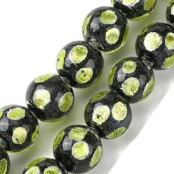 Handmade Silver Sand Lampwork Beads Strands, Round with Dot, Yellow Green, 14.5mm, Hole: 1.4mm, about 128pcs/strand, 14.96''(38cm)(LAMP-A003-01B)