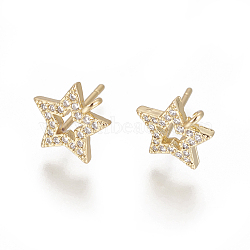 Brass Stud Earring Findings, with Cubic Zirconia and Loop, Star, Clear, Golden, 10.5x10mm, Hole: 1.2mm, Pin: 0.8mm(ZIRC-O034-17G)