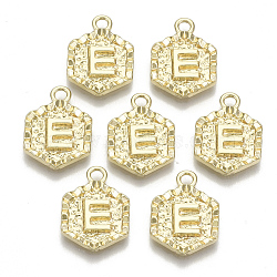 Alloy Pendants, Cadmium Free & Nickel Free & Lead Free, Hexagon with Letter, Real 18K Gold Plated, Letter.E, 17.5x13x2mm, Hole: 2mm(PALLOY-N157-003E-NR)