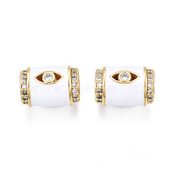 Brass Micro Pave Clear Cubic Zirconia European Beads, with Enamel, Large Hole Beads, Nickel Free, Real 18K Gold Plated, Column with Eye, White, 16x11.5mm, Hole: 6.5mm(ZIRC-N039-220F)