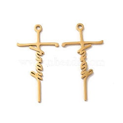 Ion Plating(IP) 304 Stainless Steel Pendants, Laser Cut, Cross with Word Pray Charm, Real 18K Gold Plated, 39.5x20x1mm, Hole: 2mm(STAS-H212-09G)