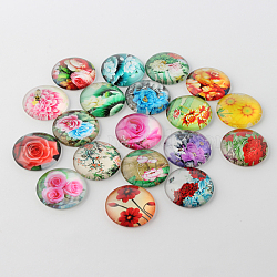 Flower Printed Glass Cabochons, Half Round/Dome, Mixed Color, 14x5mm(X-GGLA-A002-14mm-BB)