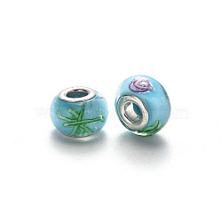 Handmade Lampwork European Beads, Large Hole Rondelle Beads, with Platinum Tone Brass Double Cores, with Flower Pattern, Light Sky Blue, 14~16x9~10mm, Hole: 5mm(LPDL-N001-063-F05)