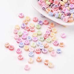 Initial Acrylic Beads, Flat Round, Mixed Color, about 7mm in diameter, 3.5mm thick, hole: 2mm, about 3300pcs/500g(PL085)