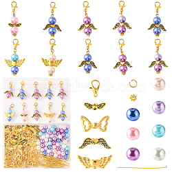 DIY Angel Pendant Making Kit, Including Alloy & Imitation Pearl Round & Rhinestone Beads, Zinc Alloy Lobster Claw Clasps, Iron Flat Head Pins, Alloy Daisy Spacer Beads, Golden, 22x9x3mm, Hole: 1mm, 16pcs(DIY-FS0009-81)