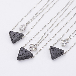 Natural Lava Rock Brass Two-Tiered Necklaces, Double Layer Necklaces, with Brass Micro Pave Cubic Zirconia Pendant, Triangle, Platinum, 15.9 inch(40.5cm)(NJEW-JN02088)