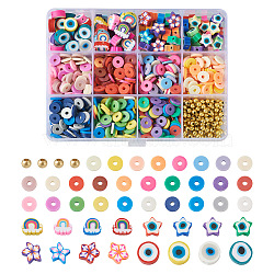 DIY Beads Jewelry Making Findings Kit, Including Evil Eye & Star & Rainbow & Flower & Disc Polymer Clay & Brass Spacer Beads, Mixed Color, 869Pcs/box(DIY-CW0001-36)