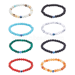8Pcs 8 Style Natural & Synthetic Mixed Gemstone & Evil Eye Round Beaded Stretch Bracelets Set, Inner Diameter: 2 inch(5.2cm), 1Pc/style(BJEW-FI0001-48)