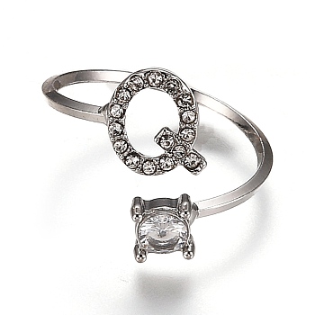 Alloy Cuff Rings, Open Rings, with Crystal Rhinestone, Platinum, Letter.Q, US Size 7 1/4(17.5mm)