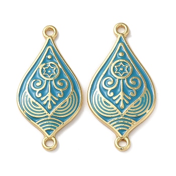 Rack Plating Brass Connector Charms, with Enamel, Long-Lasting Plated, Lead Free & Cadmium Free, Real 18K Gold Plated, Teardrop Links, Dark Turquoise, 33x16x3mm, Hole: 1.8mm