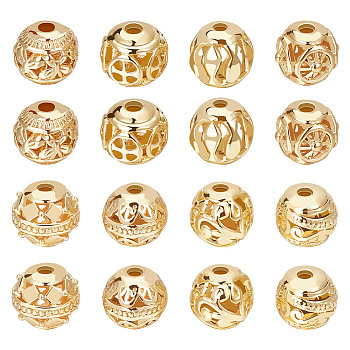 32Pcs 8 Style Alloy Hollow Beads, Round, Real 18K Gold Plated, 8x7~8mm, Hole: 1.5~2mm, 4pcs/style