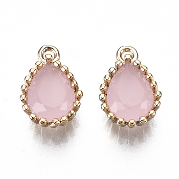 Glass Charms, with Brass Findings, Light Gold, Long-Lasting Plated, Cadmium Free & Lead Free, Teardrop, Pink, 12x7.5x4~5mm, Hole: 1.2mm