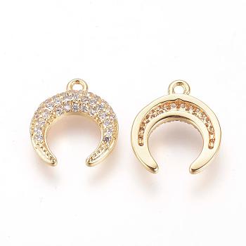 Brass Micro Pave Cubic Zirconia Pendants, Nickel Free, Double Horn/Crescent Moon, Golden, 13x11.5x2mm, Hole: 1.5mm