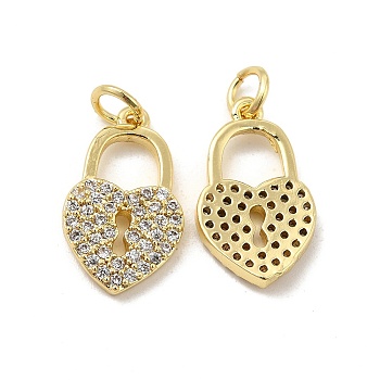 Brass Micro Pave Clear Cubic Zirconia Pendants, with Jump Ring, Heart Lock Charm, Real 18K Gold Plated, 17.5x10.5x2.5mm, Hole: 3.5mm