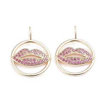 Brass Micro Pave Cubic Zirconia Pendants, Makeup Pendants, Long-Lasting Plated, Ring with Lip, Fuchsia, Real 18K Gold Plated, 22.5x16x4.5mm, Hole: 4x2.8mm