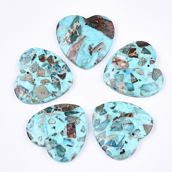 Assembled Synthetic Imperial Jasper and Turquoise Pendants, Dyed, Heart, Cyan, 38.5~39.5x40~40.5x7~7.5mm, Hole: 1.4mm