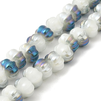 Half Rainbow Plated Electroplate Glass Beads, Two Tone, Pumpkin, Steel Blue, 9x11x12mm, Hole: 1.2mm, about 74pcs/strand, 23.23 inch(59cm)