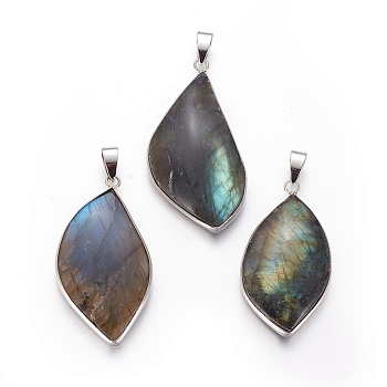 Natural Labradorite Pendants, with Brass Findings, Leaf, Platinum, 41~53x22.5~26x8~15mm, Hole: 4.5x6.5mm