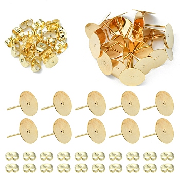 20Pcs 304 Stainless Steel Stud Earring Findings, Flat Round Pad Base Earring Settings, with 20Pcs Friction Ear Nuts, Golden, 10x0.3mm, Pin: 0.7mm