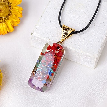 Resin with Gemstone inside 7 Chakra Pendant Necklaces, Black Cord Necklaces for Men and Women, Rectangle, 15.75 inch(40cm)