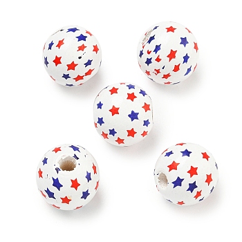 Printed Wood European Beads, Round with Star Pattern, Red, 15.5~16mm, Hole: 4~4.5mm