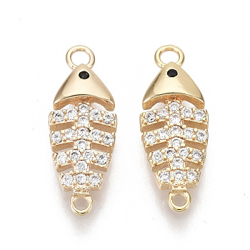 Brass Micro Pave Cubic Zirconia Links Connectors, Fish Bone, Nickel Free, Clear, Real 18K Gold Plated, 15x5.5x2mm, Hole: 0.9~1.2mm