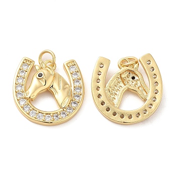 Rack Plating Brass Micro Pave Cubic Zirconia Pendants, Long-Lasting Plated, Cadmium Free & Lead Free, Horseshoe, Real 18K Gold Plated, 18x18x4mm, Hole: 3mm