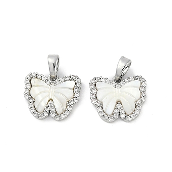 Natural White Shell Butterfly Charms, Brass Micro Pave Clear Cubic Zirconia Butterfly Charms, Platinum, 12x14x2.5mm, Hole: 5x2.5mm