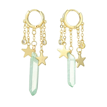 Dyed Natural Quartz Crystal Bullet Dangle Hoop Earrings, Golden Brass Star Tassel Earrings, Pale Green, 55~63x17mm