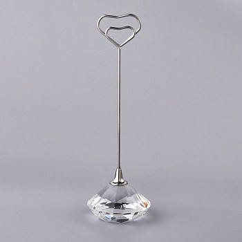 Diamond Shape Glass Name Card Holder, Wedding Table Number Card Holders, with Iron Findings, Heart, Clear, 130mm