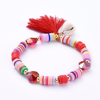 Stretch Charm Bracelets, with Polymer Clay Heishi Beads, Cotton Thread Tassels, Cowrie Shell Beads, Heart Glass Beads and Brass Round Beads, Red, 2-1/8 inch(5.4cm)