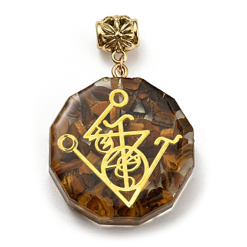 Natural Tiger Eye European Dangle Polygon Charms, Large Hole Pendant with Golden Plated Alloy Chakra Slice, 53mm, Hole: 5mm, Pendant: 39x35x11mm