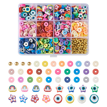 DIY Beads Jewelry Making Findings Kit, Including Evil Eye & Star & Rainbow & Flower & Disc Polymer Clay & Brass Spacer Beads, Mixed Color, 869Pcs/box
